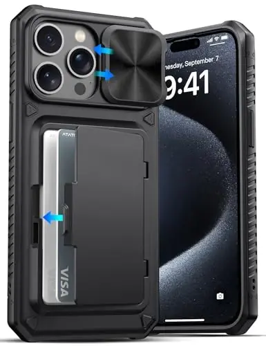 ATATOO для чехла iPhone 15 Pro Max, со встроенным держателем для карт (3-5 карт) и сдвижной крышкой камеры, военная защита, прочный силиконовый чехол для телефона iPhone 15 Pro Max 6.7