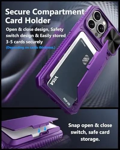 ATATOO для чехла iPhone 15 Pro Max, со встроенным держателем для карт (хранение 3-5 карт) и шторкой для камеры, армейская защита, жесткий чехол-кошелек для iPhone 15 Pro Max 6,7 дюйма, темно-фиолетовый - 3