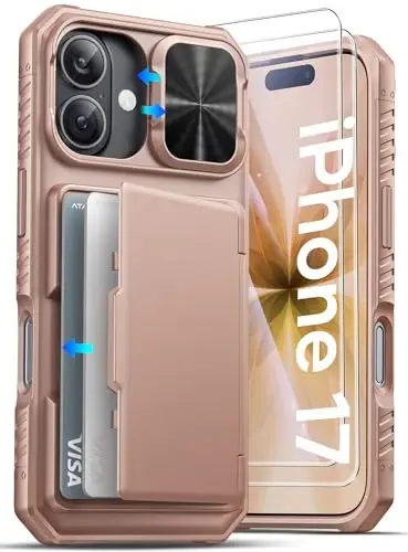 ATATOO для чехла iPhone 17 с кошельком и защитным стеклом из закаленного стекла HD [2 шт.], держателем для карт и сдвижной крышкой камеры, защитой военного класса, жестким защитным чехлом для iPhone 17 6,3 дюйма 2025 г., розовое золото - 1
