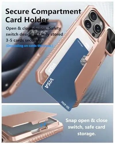 ATATOO для iPhone 15 Pro, чехол-кошелек, встроенный держатель для карт (3-5 карт) и сдвижная крышка камеры, защита военного класса, прочный противоударный чехол для телефона iPhone 15 Pro 6.1