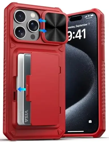 ATATOO для iPhone 15 Pro Max Чехол-кошелек, Встроенный держатель для карт (на 3-5 карт) и сдвижная крышка для объектива, Военная защита, Прочный силиконовый защитный чехол для телефона для iPhone 15 Pro Max, Красный - ATATOO