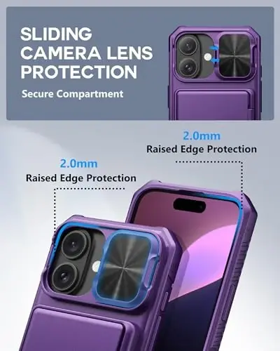 ATATOO for iPhone 16 Case Wallet with Card Holder (Store 3-5 Cards) & Slide Lens Cover, Military Grade Protection, Rugged Shockproof Wallet Phone Case for iPhone 16 6.1