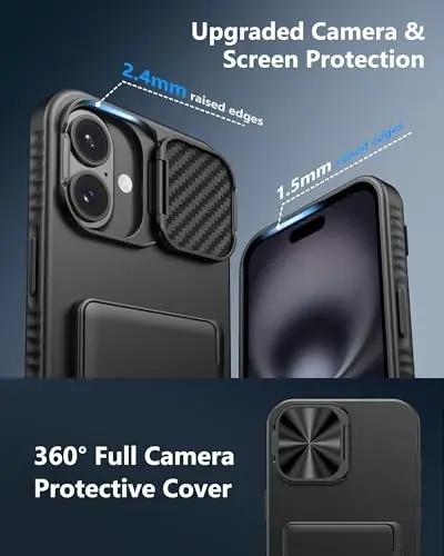 ATATOO для iPhone 16 Plus, чехол-кошелек, встроенный держатель карт (3-5 карт), подставка и крышка камеры, противоударный силиконовый чехол с подставкой для iPhone 16 Plus 2024, черный - 6