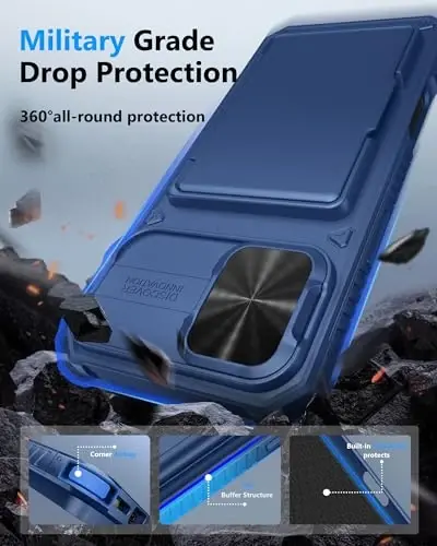 ATATOO для iPhone 16 Plus Чехол с держателем карт (3-5 карт) и сдвижной крышкой камеры и RFID-блокировкой, защита военного класса, прочный силиконовый чехол-бумажник для iPhone 16 Plus 6.7