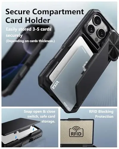 ATATOO для iPhone 16 Pro Case Wallet, встроенный держатель карт (3-5 карт) [RFID Blocking] и сдвижная крышка камеры, защита военного класса, прочный силиконовый чехол для iPhone 16 Pro 6.3