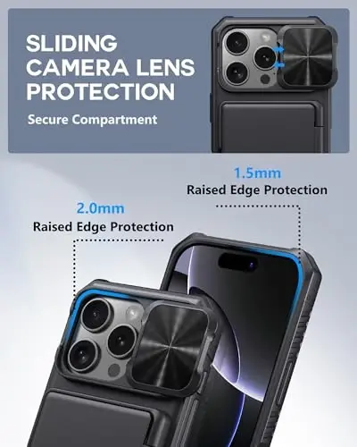 ATATOO для iPhone 16 Pro Case Wallet, встроенный держатель карт (3-5 карт) [RFID Blocking] и сдвижная крышка камеры, защита военного класса, прочный силиконовый чехол для iPhone 16 Pro 6.3