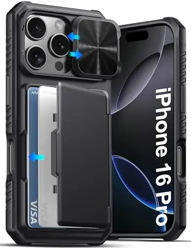 ATATOO для iPhone 16 Pro Case Wallet, встроенный держатель карт (3-5 карт) [RFID Blocking] и сдвижная крышка камеры, защита военного класса, прочный силиконовый чехол для iPhone 16 Pro 6.3