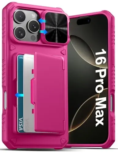ATATOO для iPhone 16 Pro Max Case, встроенный держатель для карт (хранит 3-5 карт) и сдвижная защита камеры, защита военного класса, милый силиконовый чехол-бумажник для женщин для iPhone 16 Pro Max 2024, Hot Pink - ATATOO