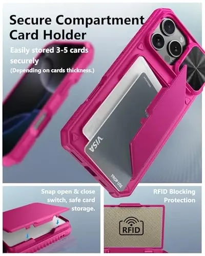 ATATOO для iPhone 16 Pro Max Case, встроенный держатель для карт (хранит 3-5 карт) и сдвижная защита камеры, защита военного класса, милый силиконовый чехол-бумажник для женщин для iPhone 16 Pro Max 2024, Hot Pink - 3