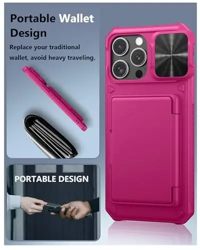 ATATOO для iPhone 16 Pro Max Case, встроенный держатель для карт (хранит 3-5 карт) и сдвижная защита камеры, защита военного класса, милый силиконовый чехол-бумажник для женщин для iPhone 16 Pro Max 2024, Hot Pink - 6