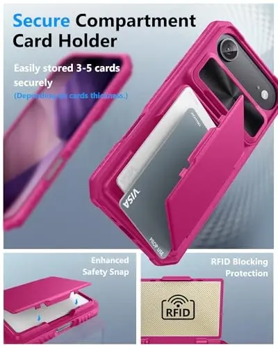 ATATOO для iPhone 16 Pro Max Case, встроенный держатель для карт (хранит 3-5 карт) и сдвижная защита камеры, защита военного класса, милый силиконовый чехол-бумажник для женщин для iPhone 16 Pro Max 2024, Hot Pink - 3
