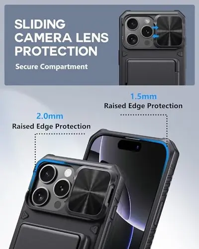 ATATOO для iPhone 16 Pro Max Case Wallet, встроенный держатель для карт (3-5 карт) [RFID Blocking] и сдвижная крышка камеры, защита военного уровня, прочный силиконовый чехол для iPhone 16 Pro Max 6.9