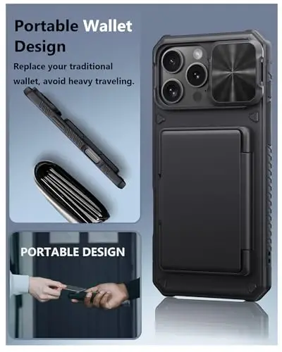 ATATOO для iPhone 16 Pro Max Case Wallet, встроенный держатель для карт (3-5 карт) [RFID Blocking] и сдвижная крышка камеры, защита военного уровня, прочный силиконовый чехол для iPhone 16 Pro Max 6.9