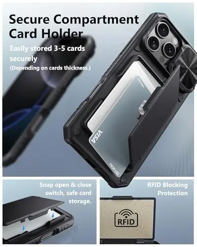 ATATOO для iPhone 16 Pro Max Case Wallet, встроенный держатель для карт (3-5 карт) [RFID Blocking] и сдвижная крышка камеры, защита военного уровня, прочный силиконовый чехол для iPhone 16 Pro Max 6.9