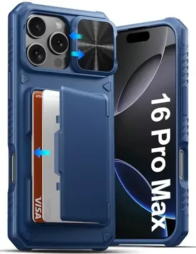 ATATOO для iPhone 16 Pro Max Чехол-бумажник с держателем для карт (вмещает 3-5 карт) и сдвижной крышкой объектива, защита военного класса, прочный противоударный чехол-бумажник для iPhone 16 Pro Max 6.9