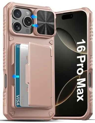 ATATOO for iPhone 16 Pro Max Case Wallet, Built-in Card Holder (Store 3-5 Cards) & Slide Lens Cover, Military Grade Protection, Shockproof Silicone Protective Case for iPhone 16 Pro Max, Rose Gold - ATATOO