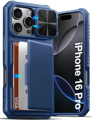 ATATOO для iPhone 16 Pro Wallet Case, встроенный держатель для карт (3-5 карт) и сдвижная крышка камеры и защита RFID, защита военного класса, прочный противоударный чехол для iPhone 16 Pro 6.3