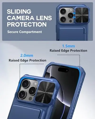 ATATOO для iPhone 16 Pro Wallet Case, встроенный держатель для карт (3-5 карт) и сдвижная крышка камеры и защита RFID, защита военного класса, прочный противоударный чехол для iPhone 16 Pro 6.3