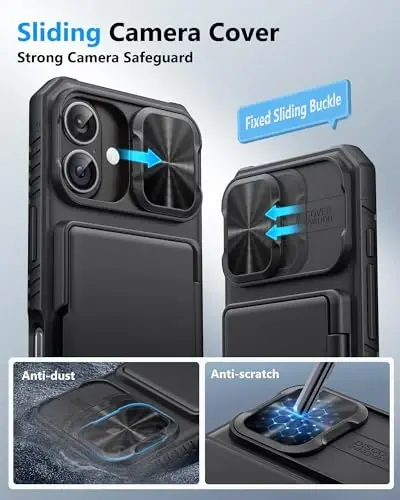 ATATOO для iPhone 17 Чехол-бумажник с HD закаленным стеклом [2 шт.], держатель для карт и сдвижная крышка камеры, защита военного уровня, жесткий защитный чехол для iPhone 17 6.3