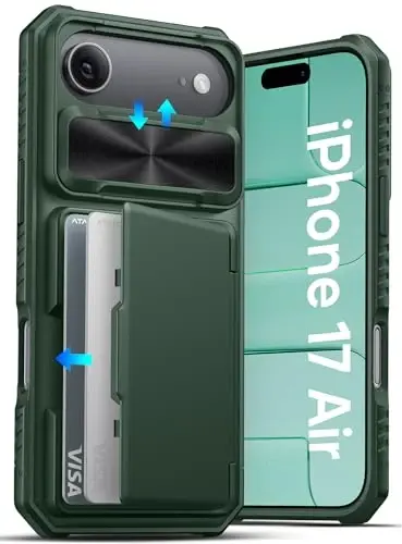 ATATOO для iPhone Air Case, встроенный держатель для карт (хранит 3-5 карт) и сдвижная крышка камеры, защита военного класса, прочный прочный чехол-бумажник для iPhone Air 2025 6.5