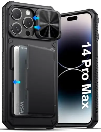 ATATOO for iPhone 14 Pro Max Case Wallet, Built-in Card Holder (3-5 Cards) [RFID Blocking] & Slide Camera Cover, Military Grade Protection, Rugged Silicone Phone Case for 14 Pro Max 6.7