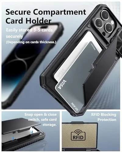 ATATOO for iPhone 14 Pro Max Case Wallet with HD Tempered Glass Screen Protector [2 Pack], Card Holder & Slide Camera Cover, Military Grade Protection, Protective Case for iPhone 14 Pro Max, Black - 4