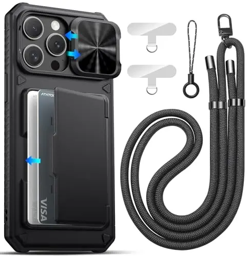 ATATOO for iPhone 14 Pro Max Case Wallet with Lanyard, Phone Strap Crossbody for Women Men, Card Holder, Slide Camera Cover, Military Grade Protection, Case for iPhone 14 Pro Max 6.7