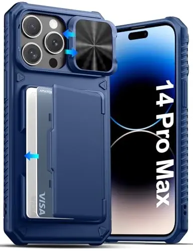 ATATOO for iPhone 14 Pro Max hamyon g'ilofi, ichiga o'rnatilgan karta ushlagichi (3-5 karta) & kamera qopqog'i & RFID blokirovkasi, harbiy darajadagi himoya, zarbga chidamli telefon g'ilofi 14 Pro Max 6.7