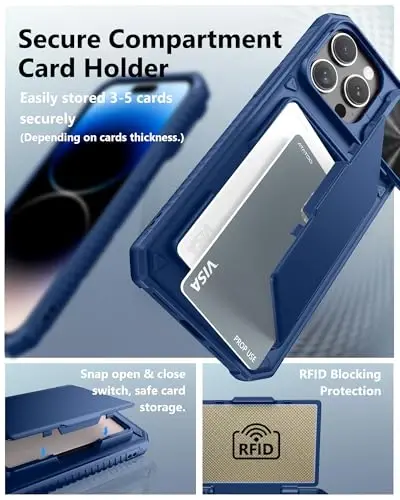 ATATOO for iPhone 14 Pro Max hamyon g'ilofi, ichiga o'rnatilgan karta ushlagichi (3-5 karta) & kamera qopqog'i & RFID blokirovkasi, harbiy darajadagi himoya, zarbga chidamli telefon g'ilofi 14 Pro Max 6.7