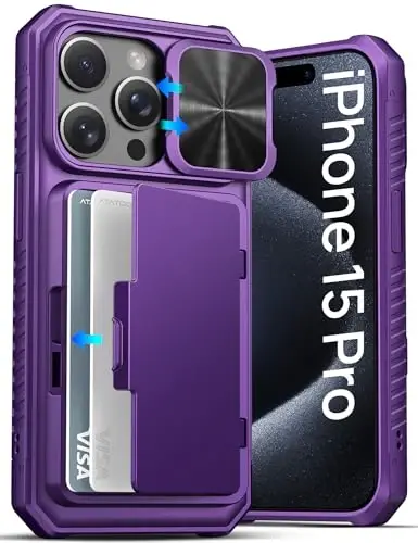 ATATOO for iPhone 15 Pro Case Wallet with Card Holder (Store 3-5 Cards) & Slide Lens Cover, Military Grade Protection, Rugged Shockproof Wallet Phone Case for iPhone 15 Pro 6.1