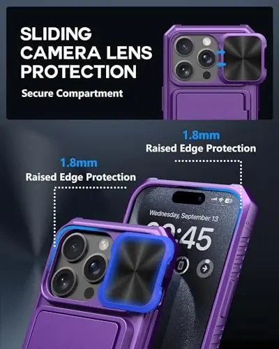 ATATOO for iPhone 15 Pro Case Wallet with Card Holder (Store 3-5 Cards) & Slide Lens Cover, Military Grade Protection, Rugged Shockproof Wallet Phone Case for iPhone 15 Pro 6.1