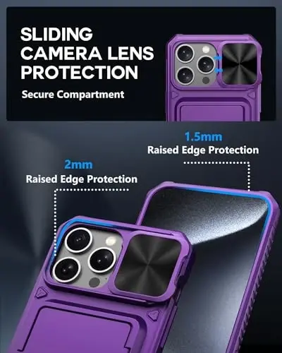 ATATOO for iPhone 15 Pro Max Case, Built-in Card Holder (Store 3-5 Cards) & Slide Camera Cover, Military Grade Protection, Hard Wallet Phone Case for iPhone 15 Pro Max 6.7