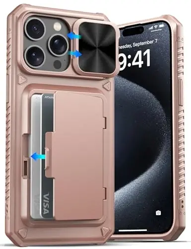 ATATOO for iPhone 15 Pro Max Case, Card Holder (3-5 Cards), Rose Gold | Slide Camera Lens Cover, Military Grade Drop Protection, Silicone Protective Wallet Case for iPhone 15 Pro Max 6.7