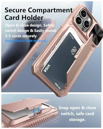 ATATOO for iPhone 15 Pro Max Case, Card Holder (3-5 Cards), Rose Gold | Slide Camera Lens Cover, Military Grade Drop Protection, Silicone Protective Wallet Case for iPhone 15 Pro Max 6.7