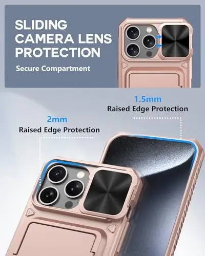 ATATOO for iPhone 15 Pro Max Case, Card Holder (3-5 Cards), Rose Gold | Slide Camera Lens Cover, Military Grade Drop Protection, Silicone Protective Wallet Case for iPhone 15 Pro Max 6.7