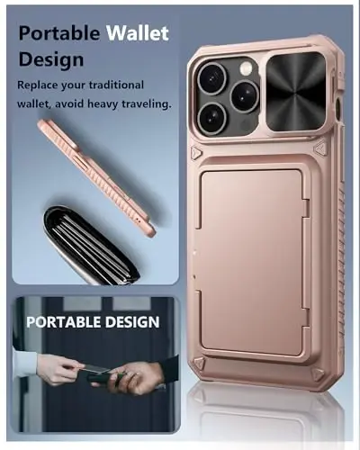 ATATOO for iPhone 15 Pro Max Case, Card Holder (3-5 Cards), Rose Gold | Slide Camera Lens Cover, Military Grade Drop Protection, Silicone Protective Wallet Case for iPhone 15 Pro Max 6.7