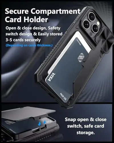 ATATOO for iPhone 15 Pro Max Case Wallet, Built-in Card Holder (3-5 Cards) & Slide Camera Cover, Military Grade Protection, Rugged Silicone Phone Case for iPhone 15 Pro Max 6.7