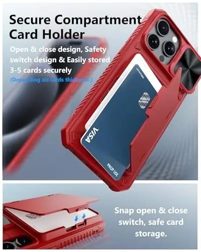 ATATOO for iPhone 15 Pro Max Case Wallet, Built-in Card Holder (Store 3-5 Cards) & Slide Lens Cover, Military Grade Protection, Rugged Silicone Protective Phone Cover for iPhone 15 Pro Max, Red - 3