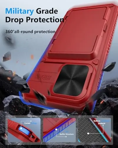 ATATOO for iPhone 15 Pro Max Case Wallet, Built-in Card Holder (Store 3-5 Cards) & Slide Lens Cover, Military Grade Protection, Rugged Silicone Protective Phone Cover for iPhone 15 Pro Max, Red - 5