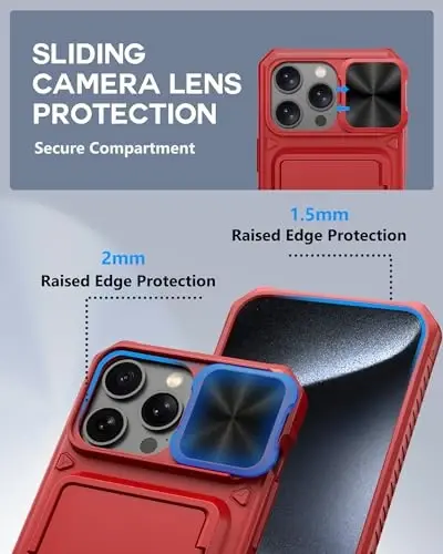 ATATOO for iPhone 15 Pro Max Case Wallet, Built-in Card Holder (Store 3-5 Cards) & Slide Lens Cover, Military Grade Protection, Rugged Silicone Protective Phone Cover for iPhone 15 Pro Max, Red - 4
