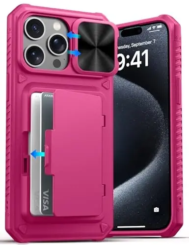 ATATOO for iPhone 15 Pro Max Wallet Case with Card Holder (3-5 Cards) & Sliding Camera Cover, Military Grade Protection, Women Men Cute Phone Case for iPhone 15 Pro Max 6.7