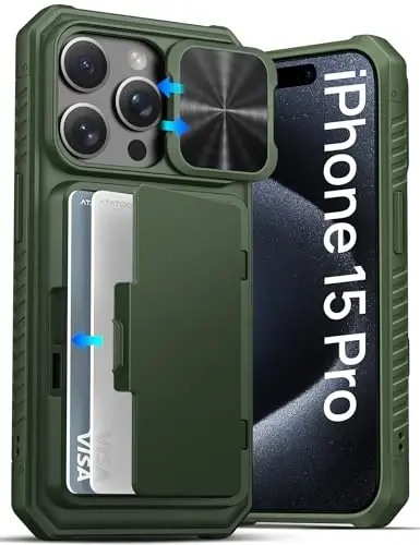 ATATOO for iPhone 15 Pro Wallet Case, Built-in Card Holder (3-5 Cards) & Slide Camera Cover, Military Grade Protection, Rugged Shockproof Phone Case for iPhone 15 Pro 6.1