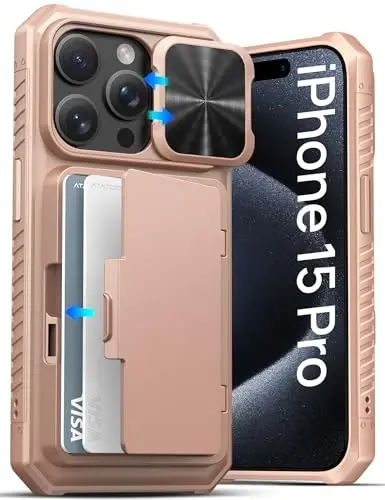 ATATOO for iPhone 15 Pro Wallet Case, Built-in Card Holder (3-5 Cards) & Slide Camera Cover, Military Grade Protection, Rugged Shockproof Phone Case for iPhone 15 Pro 6.1