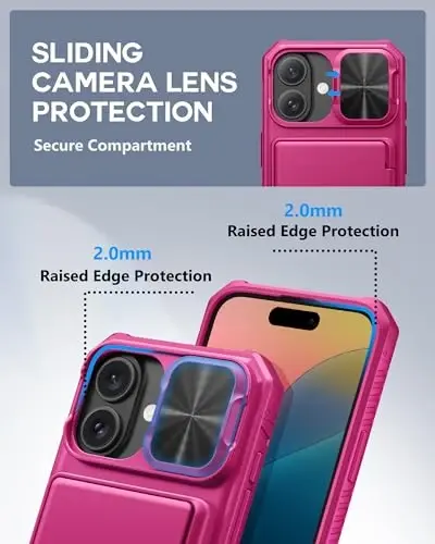 ATATOO for iPhone 16 Case, Built-in Card Holder (Store 3-5 Cards) & Slide Camera Protector, Military Grade Protection, Women Cute Silicone Wallet Case for iPhone 16 2024, Hot Pink - 4
