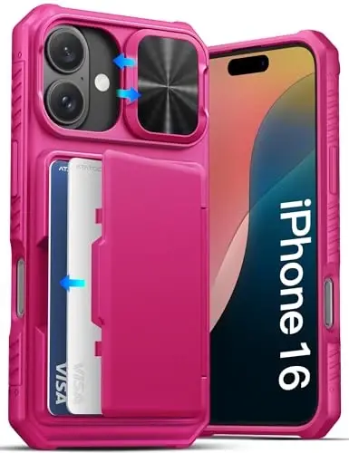 ATATOO for iPhone 16 Case, Built-in Card Holder (Store 3-5 Cards) & Slide Camera Protector, Military Grade Protection, Women Cute Silicone Wallet Case for iPhone 16 2024, Hot Pink - ATATOO