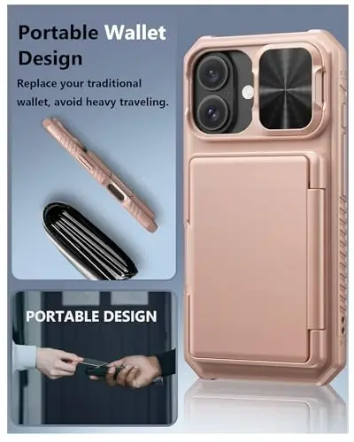 ATATOO for iPhone 16 Case Wallet, Built-in Card Holder (Store 3-5 Cards) & Slide Lens Cover, Military Grade Protection, Shockproof Silicone Protective Case for iPhone 16, Rose Gold - 6