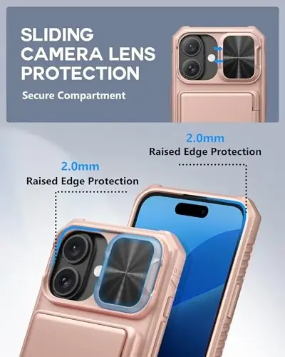 ATATOO for iPhone 16 Case Wallet, Built-in Card Holder (Store 3-5 Cards) & Slide Lens Cover, Military Grade Protection, Shockproof Silicone Protective Case for iPhone 16, Rose Gold - 4