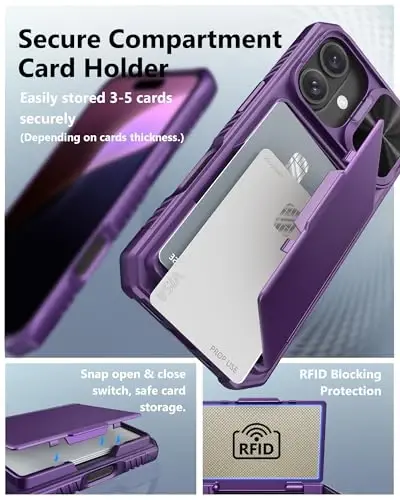 ATATOO for iPhone 16 Case Wallet with Card Holder (Store 3-5 Cards) & Slide Lens Cover, Military Grade Protection, Rugged Shockproof Wallet Phone Case for iPhone 16 6.1