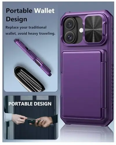 ATATOO for iPhone 16 Case Wallet with Card Holder (Store 3-5 Cards) & Slide Lens Cover, Military Grade Protection, Rugged Shockproof Wallet Phone Case for iPhone 16 6.1