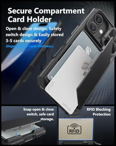ATATOO for iPhone 16 Case Wallet with HD Tempered Glass Screen Protector [2 Pack], Build-in Card Holder, Slide Camera Cover, Military Grade Protection, Hard Case for iPhone 16 6.1